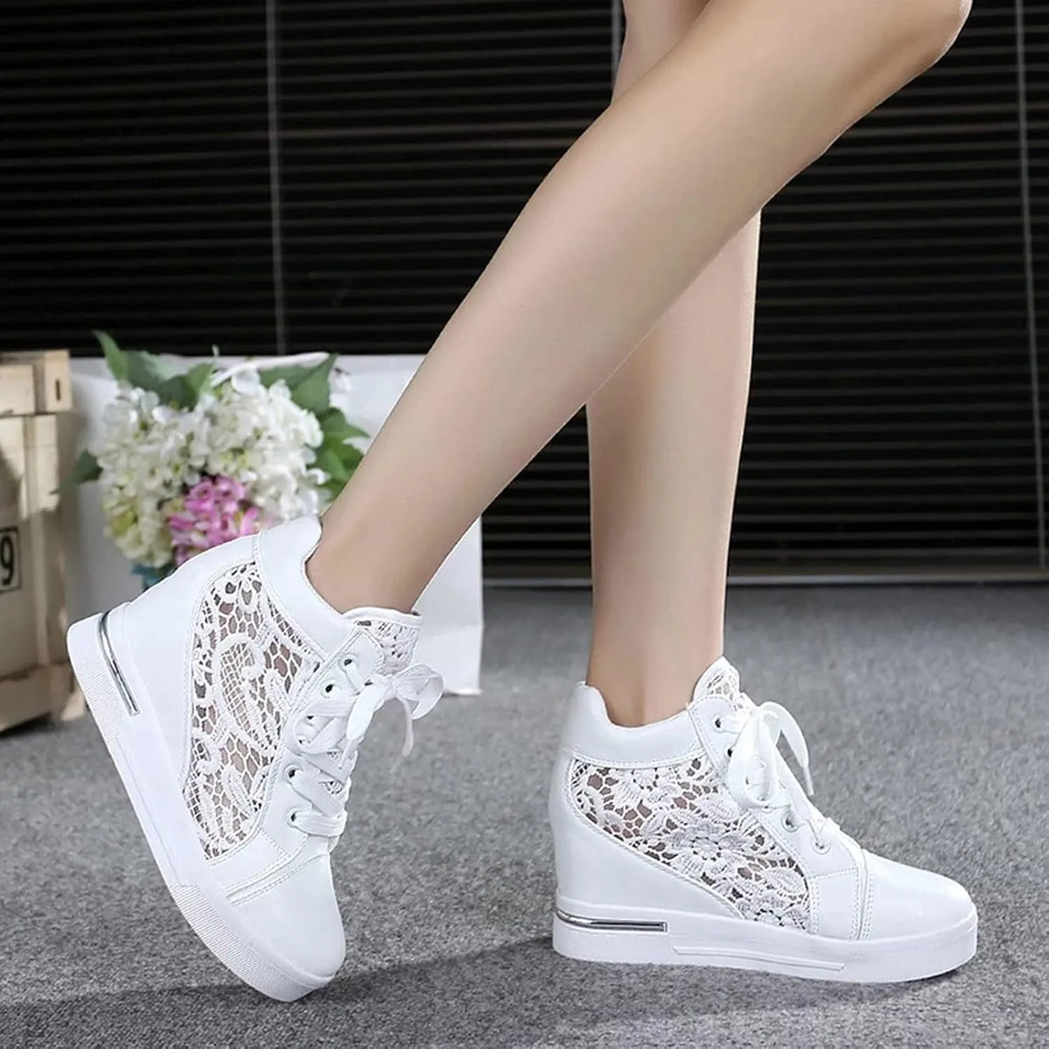 Platform Sneakers for Women Fashion Hidden Heels Sneakers Lace Crochet Lace Up Chunky Bottom High Heels High Top Canvas Shoes Comfortable Tennis Walking Shoe Casual