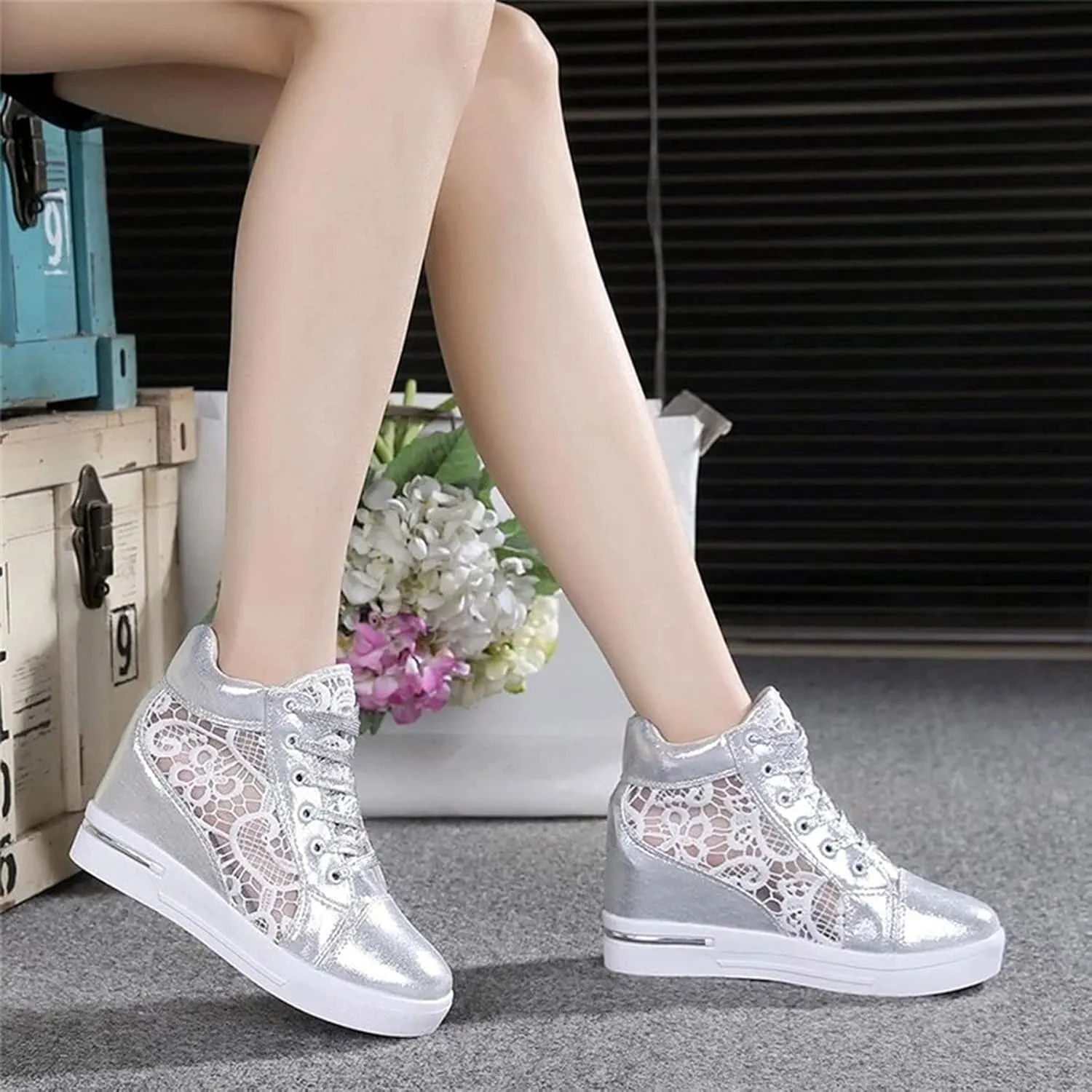 Platform Sneakers for Women Fashion Hidden Heels Sneakers Lace Crochet Lace Up Chunky Bottom High Heels High Top Canvas Shoes Comfortable Tennis Walking Shoe Casual