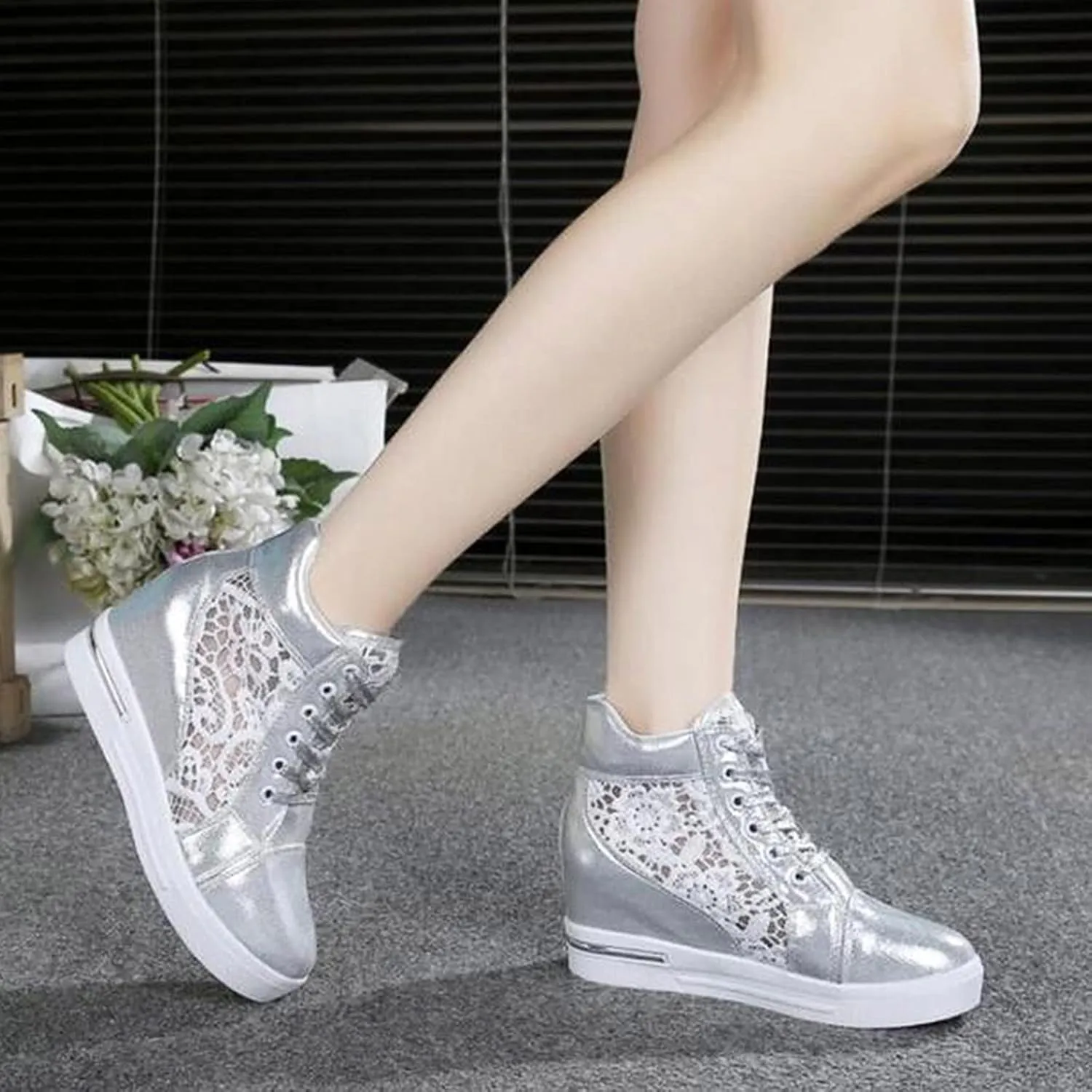 Platform Sneakers for Women Fashion Hidden Heels Sneakers Lace Crochet Lace Up Chunky Bottom High Heels High Top Canvas Shoes Comfortable Tennis Walking Shoe Casual