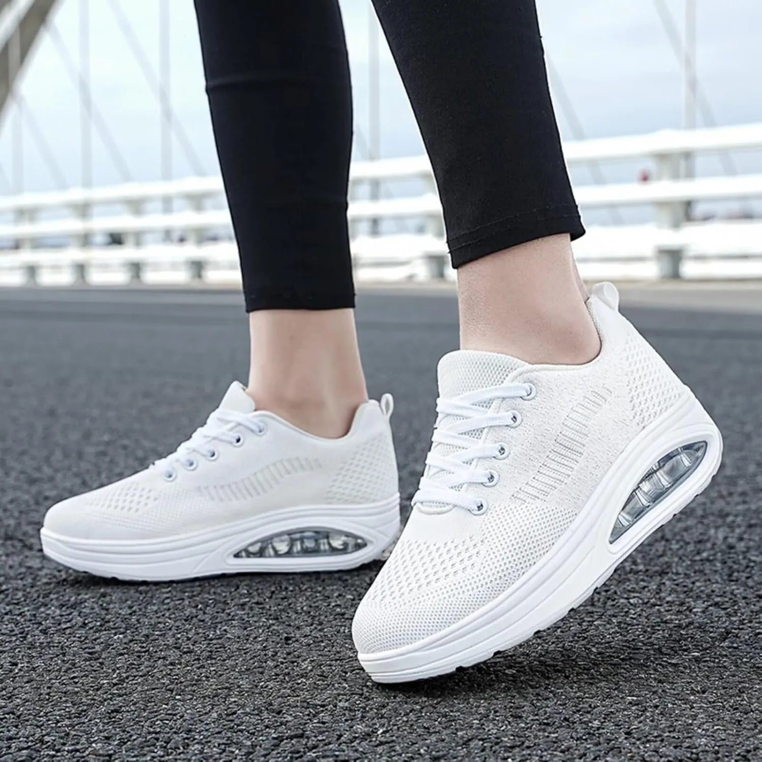 Platform Sneakers for Women Walking Shoes Comfortable All Day Standing Wedge Rocker Bottom 2 inch Thick Air Cushion