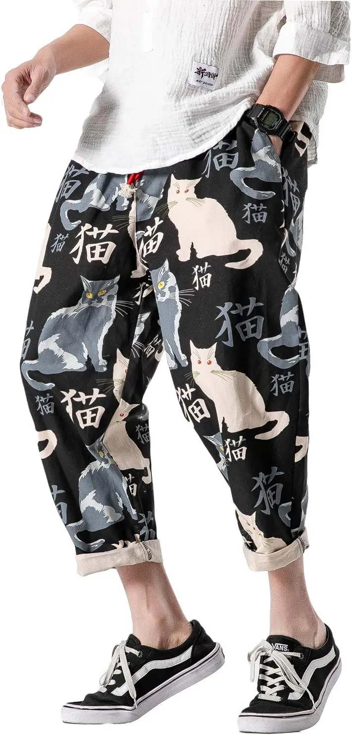 PRIJOUHE Men's Casual Capri Pants Elastic Waist Wide Leg Loose Baggy Harem Pants Breathable Summer Beach Pants
