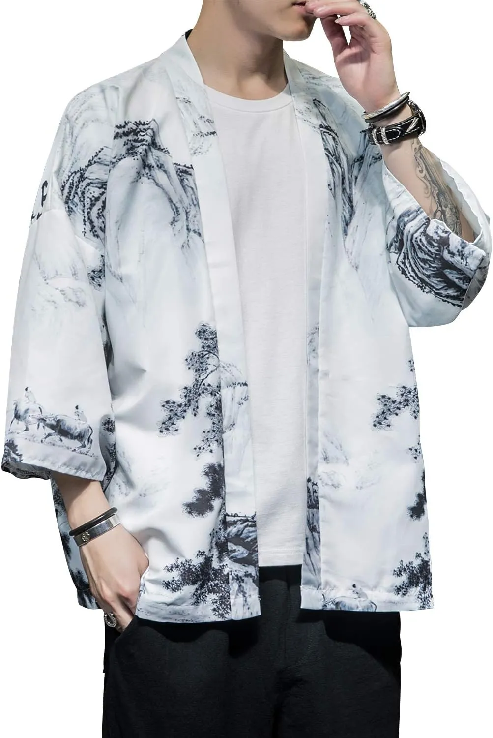 PRIJOUHE Men's Japanese Kimono Cardigan Jackets Casual Long Sleeve Open Front Coat Lightweight Yukata Outwear