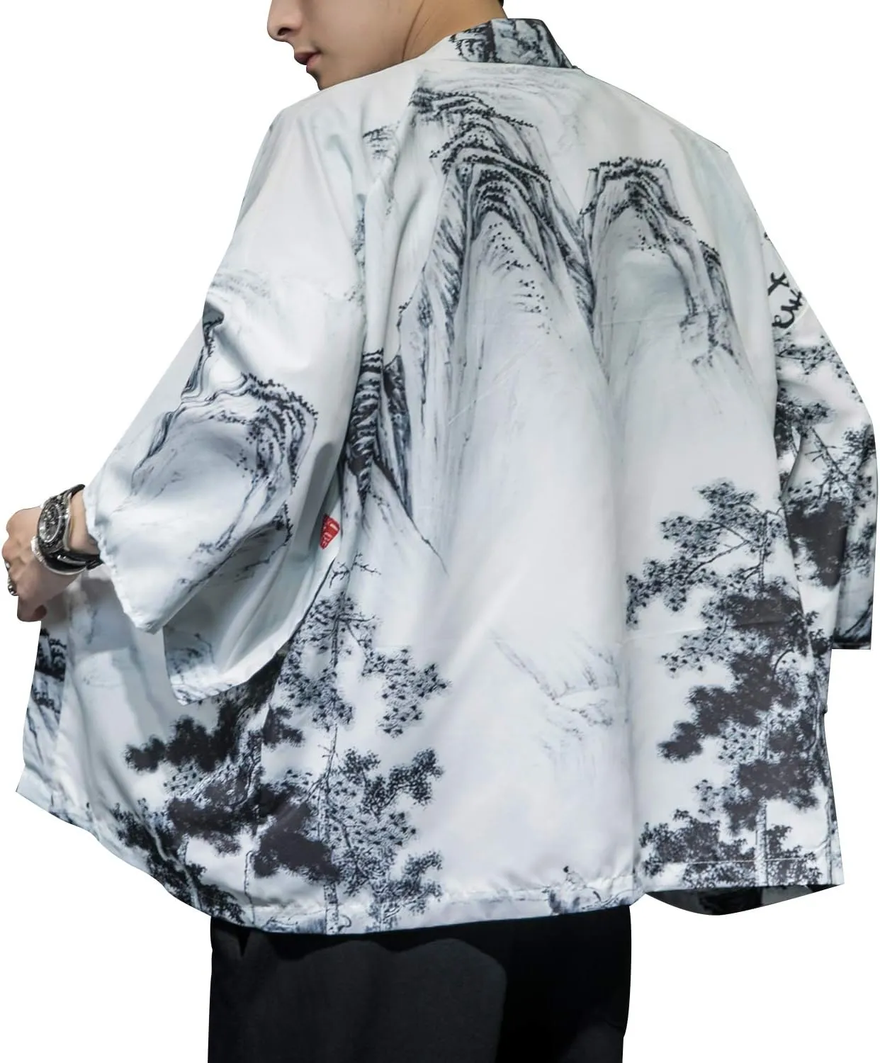 PRIJOUHE Men's Japanese Kimono Cardigan Jackets Casual Long Sleeve Open Front Coat Lightweight Yukata Outwear