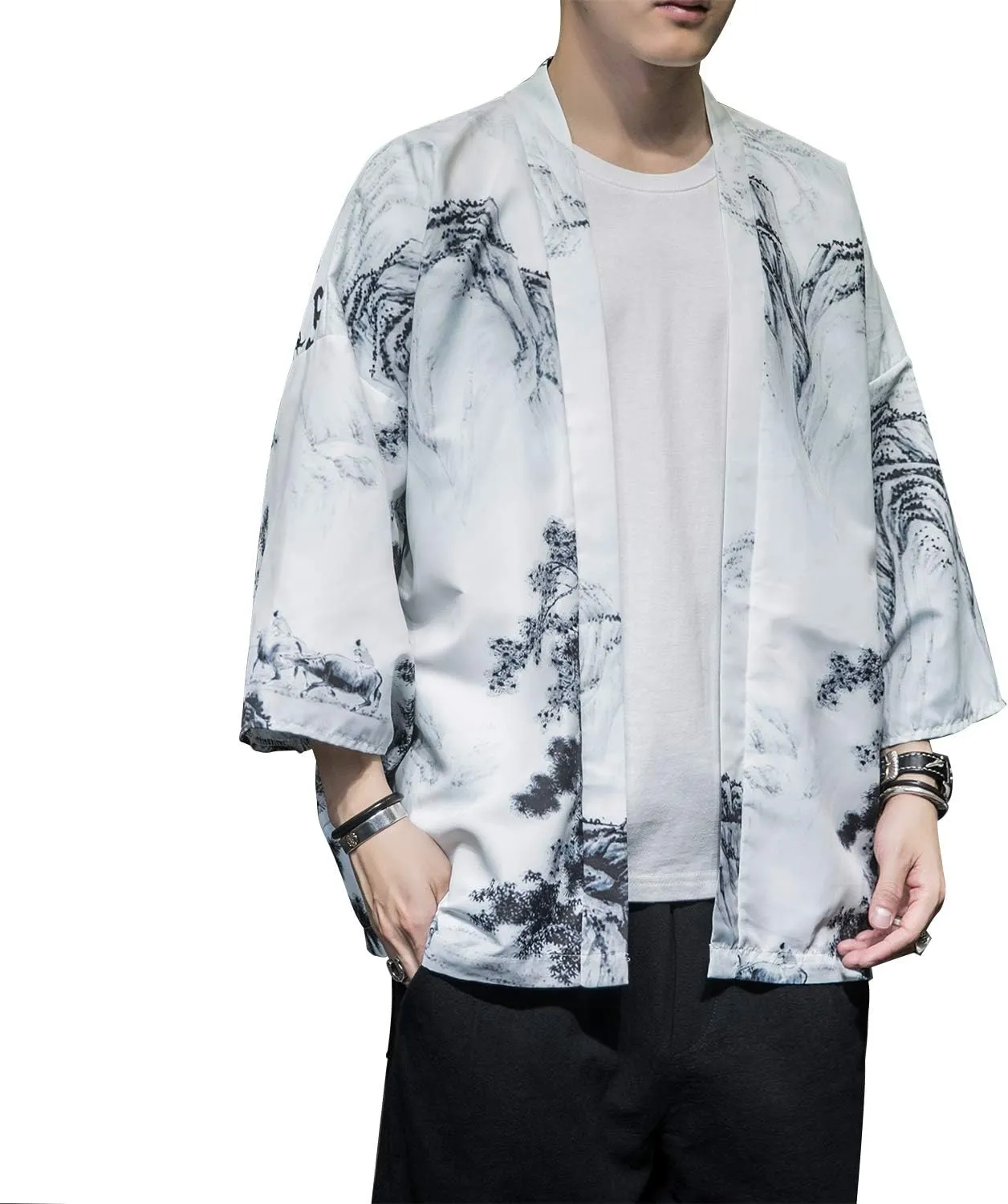 PRIJOUHE Men's Japanese Kimono Cardigan Jackets Casual Long Sleeve Open Front Coat Lightweight Yukata Outwear
