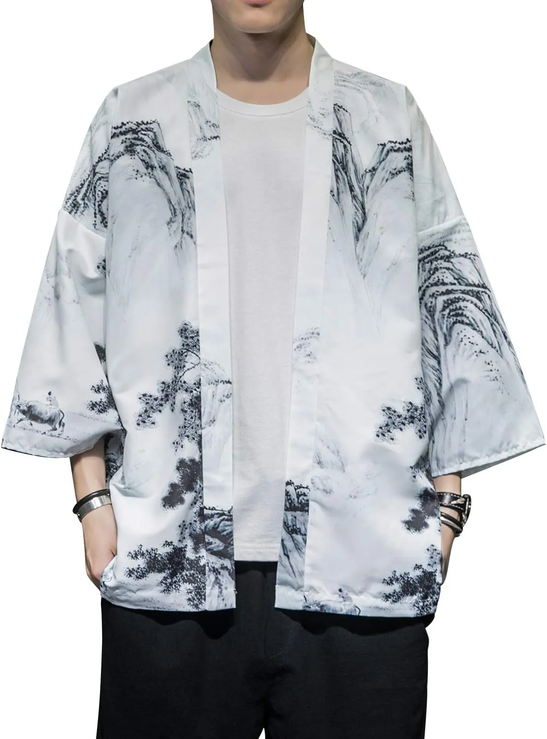 PRIJOUHE Men's Japanese Kimono Cardigan Jackets Casual Long Sleeve Open Front Coat Lightweight Yukata Outwear
