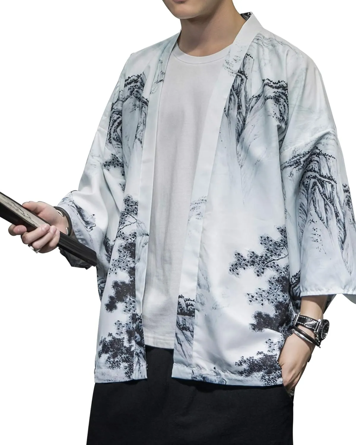 PRIJOUHE Men's Japanese Kimono Cardigan Jackets Casual Long Sleeve Open Front Coat Lightweight Yukata Outwear