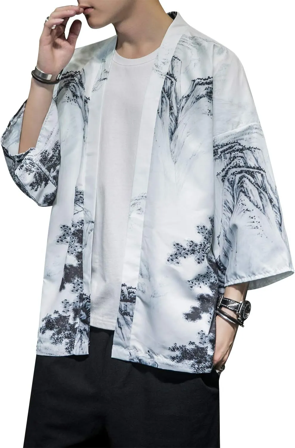 PRIJOUHE Men's Japanese Kimono Cardigan Jackets Casual Long Sleeve Open Front Coat Lightweight Yukata Outwear