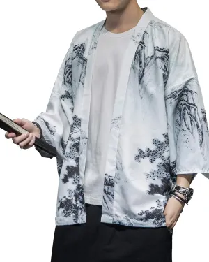 PRIJOUHE Men's Japanese Kimono Cardigan Jackets Casual Long Sleeve Open Front Coat Lightweight Yukata Outwear