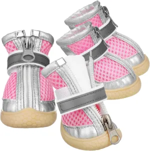Protective Dog Shoes for Small Breed 4 Pairs Breathable Mesh Dog Boots Reflective Straps Comfortable Fit for Hot Pavement Outdoor Activities