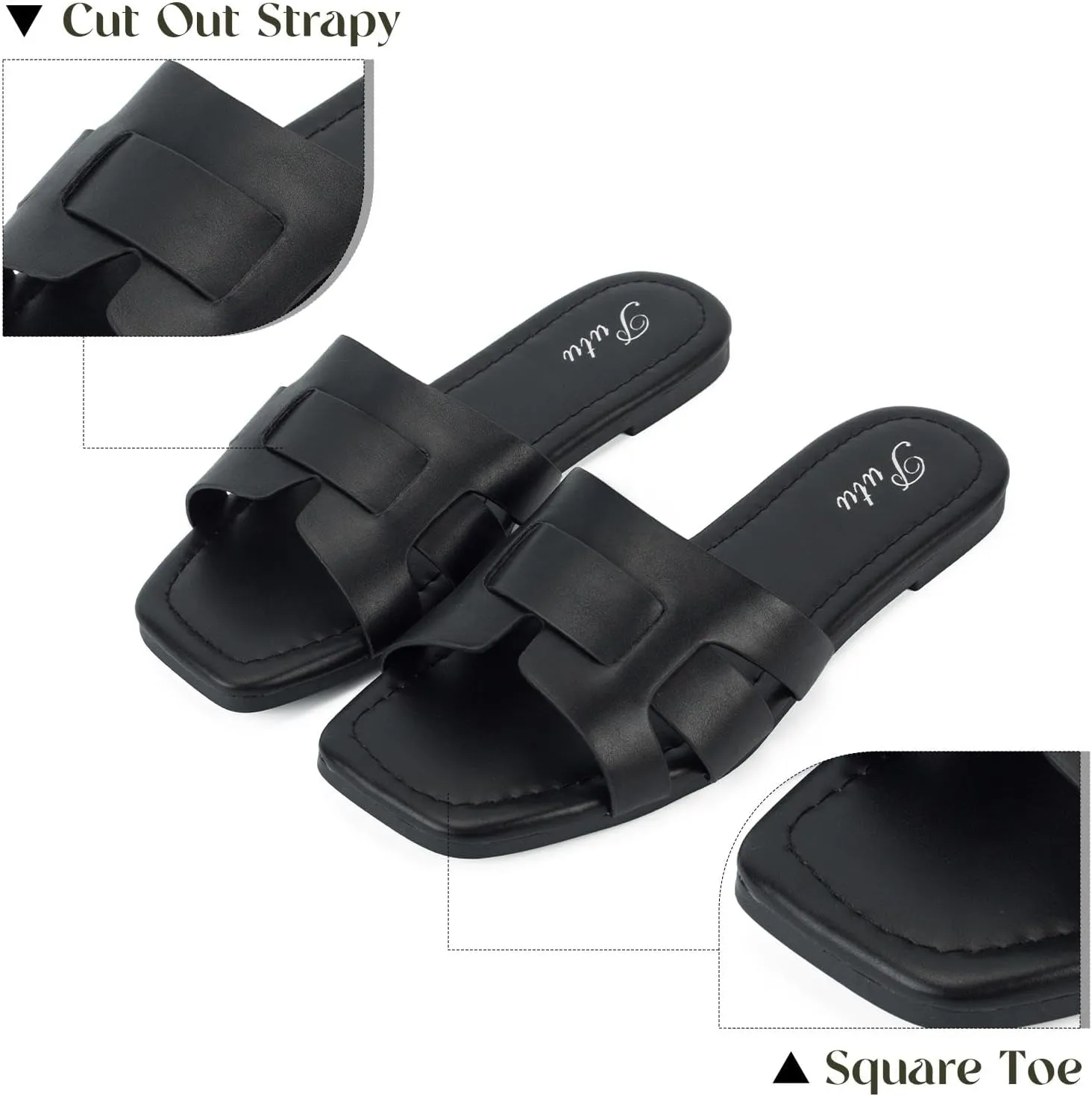Putu Women's Flat Sandals Dressy Summer Sandals Strappy Slides with Square Open Toe