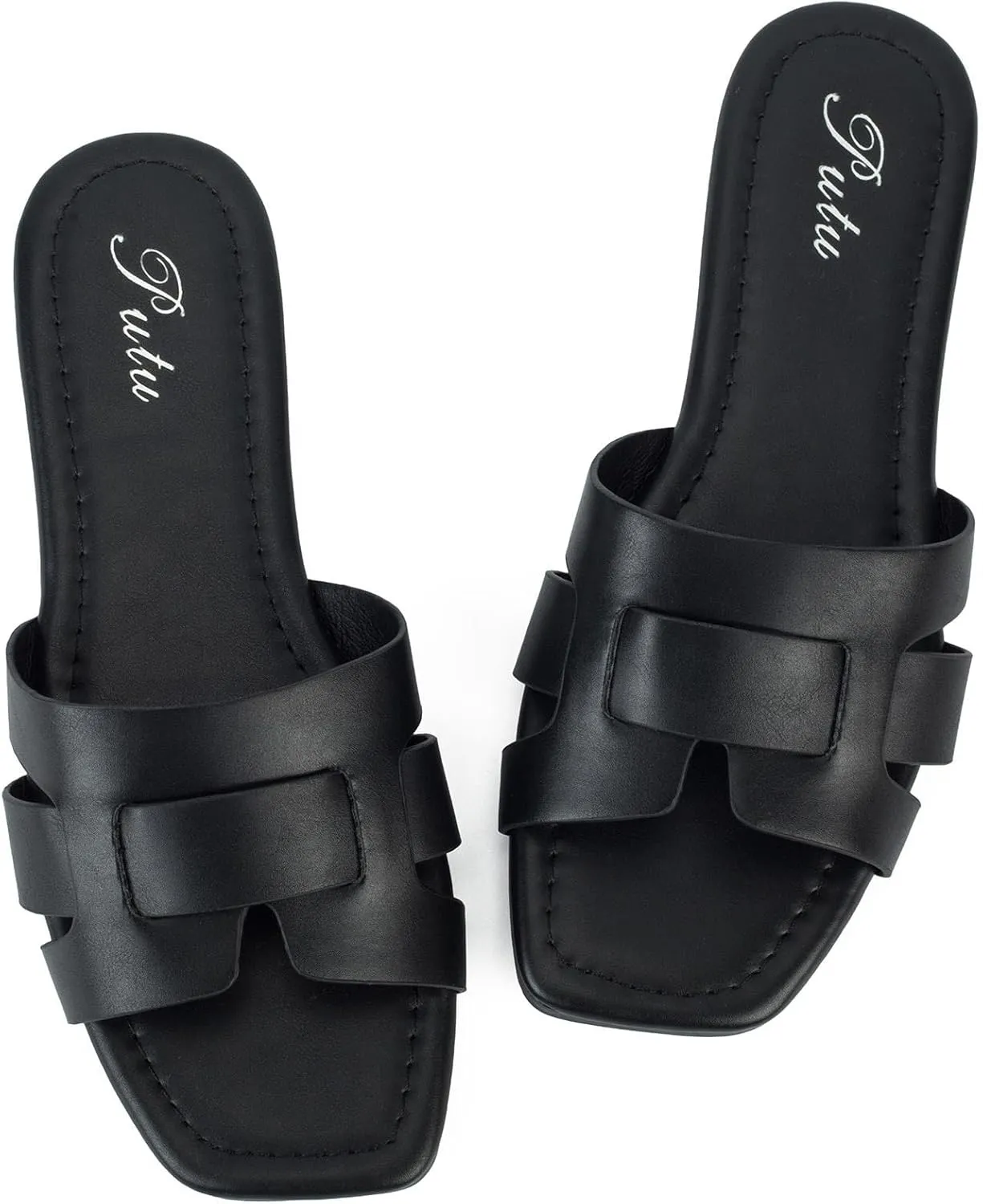 Putu Women's Flat Sandals Dressy Summer Sandals Strappy Slides with Square Open Toe