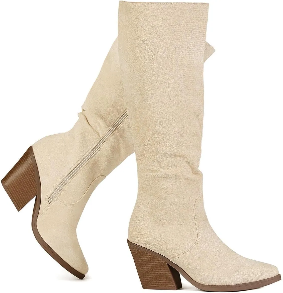 Putu Women's Pointed Toe Knee High Boots Faux Suede Stacked Chunky Heel Boots Side Zipper Slouchy High Boots