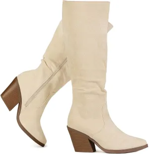 Putu Women's Pointed Toe Knee High Boots Faux Suede Stacked Chunky Heel Boots Side Zipper Slouchy High Boots
