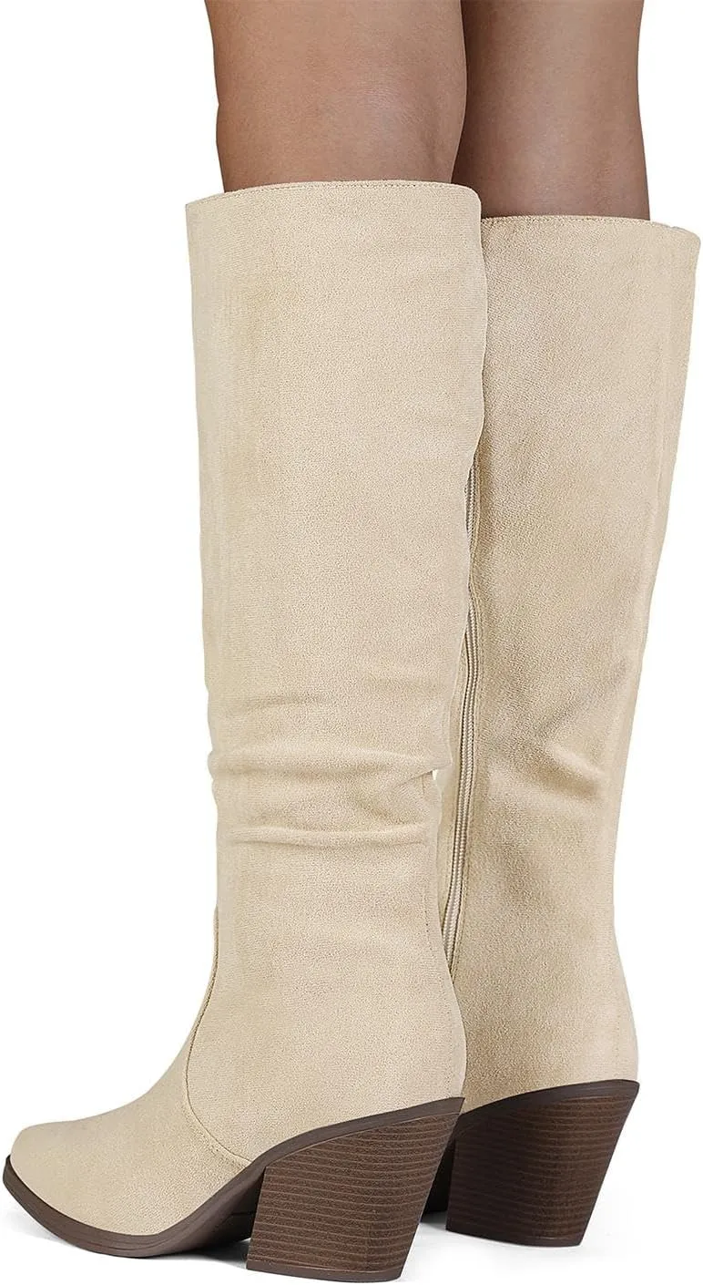 Putu Women's Pointed Toe Knee High Boots Faux Suede Stacked Chunky Heel Boots Side Zipper Slouchy High Boots