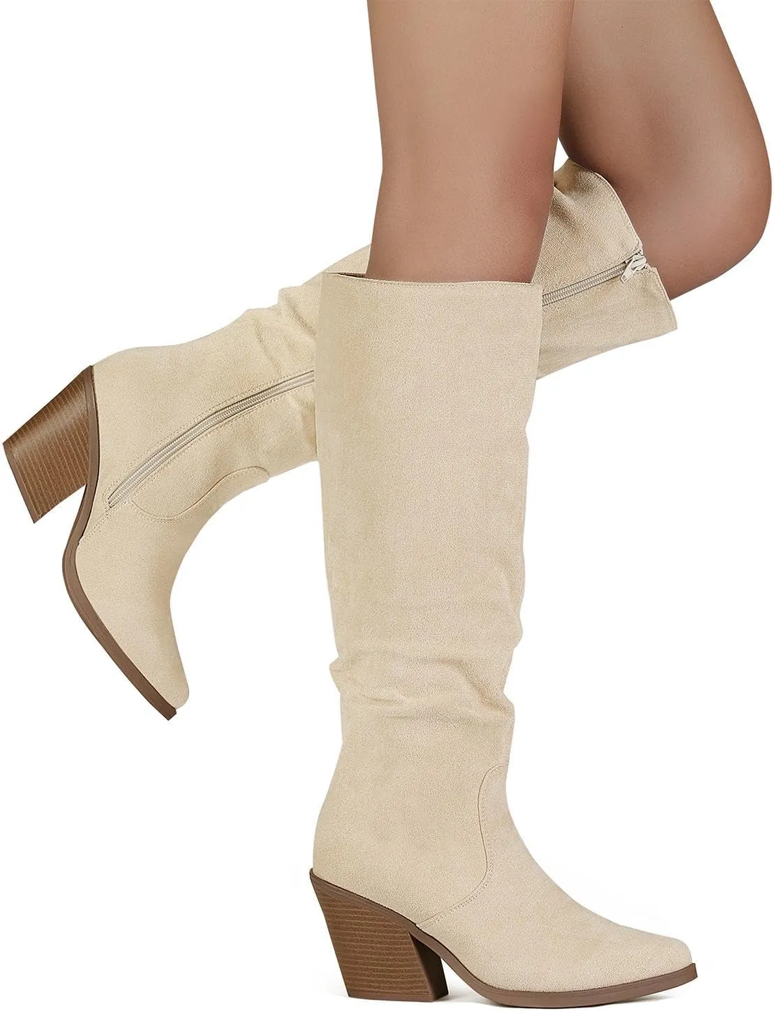 Putu Women's Pointed Toe Knee High Boots Faux Suede Stacked Chunky Heel Boots Side Zipper Slouchy High Boots