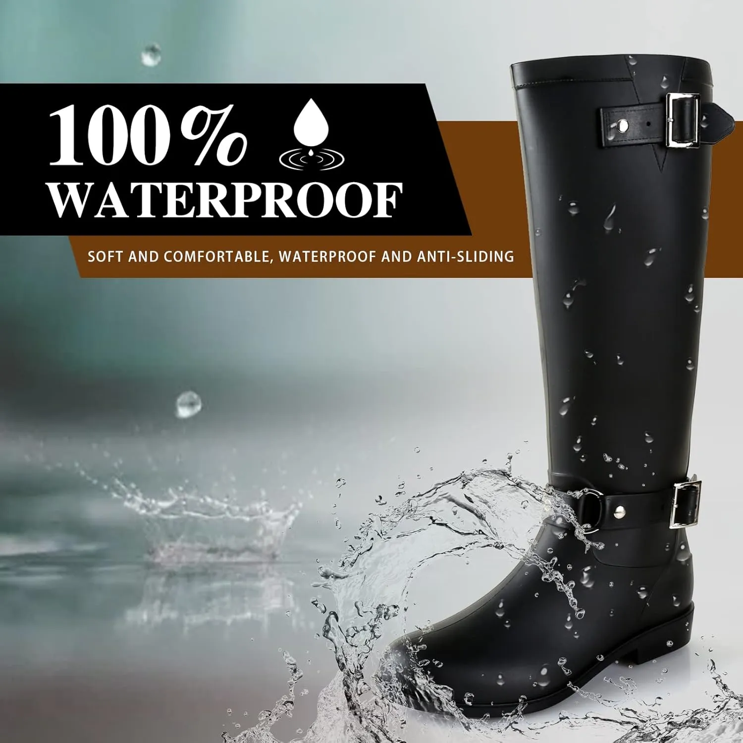 Rain Boots for Women, Waterproof Anti-Slip Knee High Rubber boots, Fashion Comfy Tall Water Boots Lightweightr Garden Booties for Outdoor