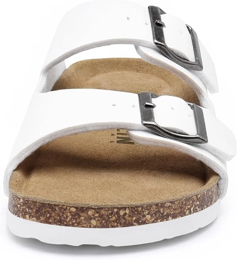 Rainlin Women's Flat Sandals Cork Footbed Slide Sandals Arch Support Slip on Slides with Adjustable Buckle
