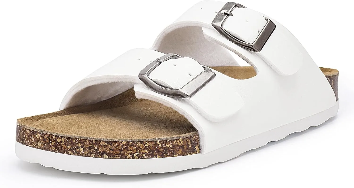 Rainlin Women's Flat Sandals Cork Footbed Slide Sandals Arch Support Slip on Slides with Adjustable Buckle