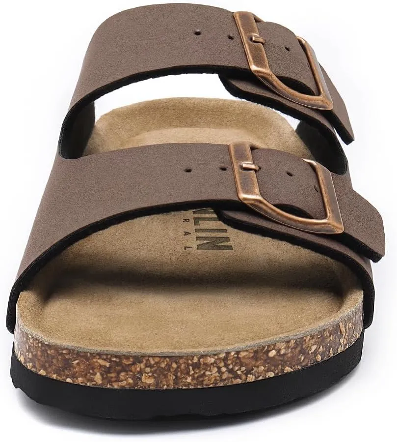 Rainlin Women's Flat Sandals Cork Footbed Slide Sandals Arch Support Slip on Slides with Adjustable Buckle