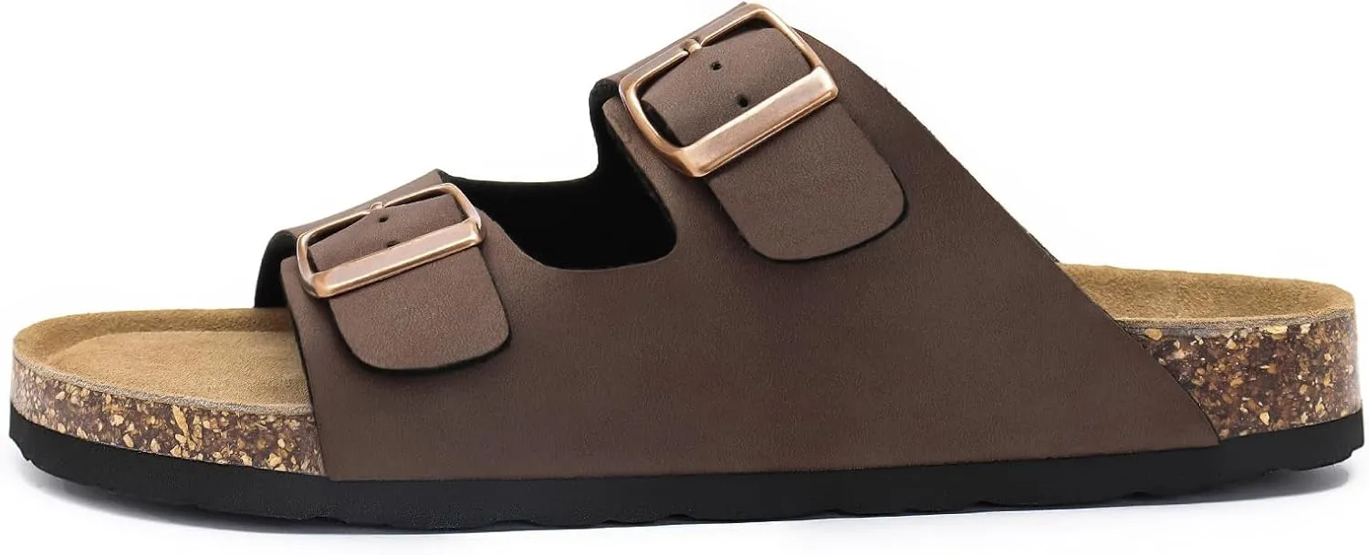 Rainlin Women's Flat Sandals Cork Footbed Slide Sandals Arch Support Slip on Slides with Adjustable Buckle