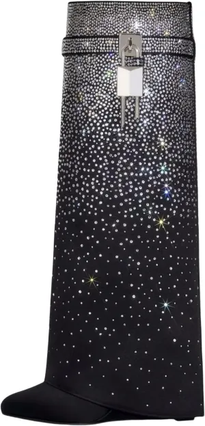 Rhinestones Fold Over Knee High Boots for Women Shark Lock Boots High Shaft Wide Calf Fashion Boots Blue Black Boots Pull on Party Concert Boots