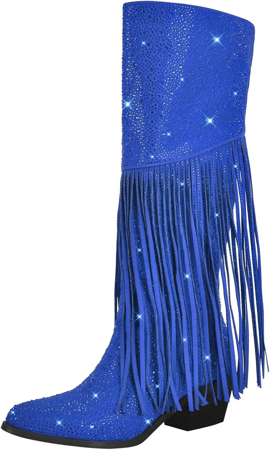 Richealnana Calf High Knee High Boots for Women Sparkle Rhinestones Clear Gems Shining Comfortable Tabs Pull-On Boots Fringe Tassel
