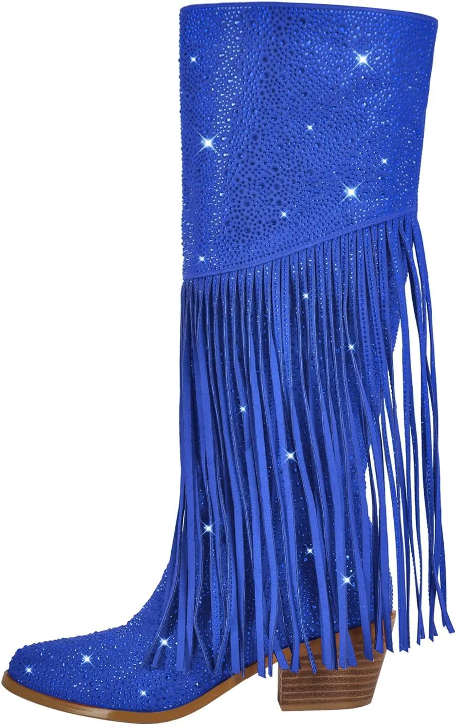 Richealnana Calf High Knee High Boots for Women Sparkle Rhinestones Clear Gems Shining Comfortable Tabs Pull-On Boots Fringe Tassel