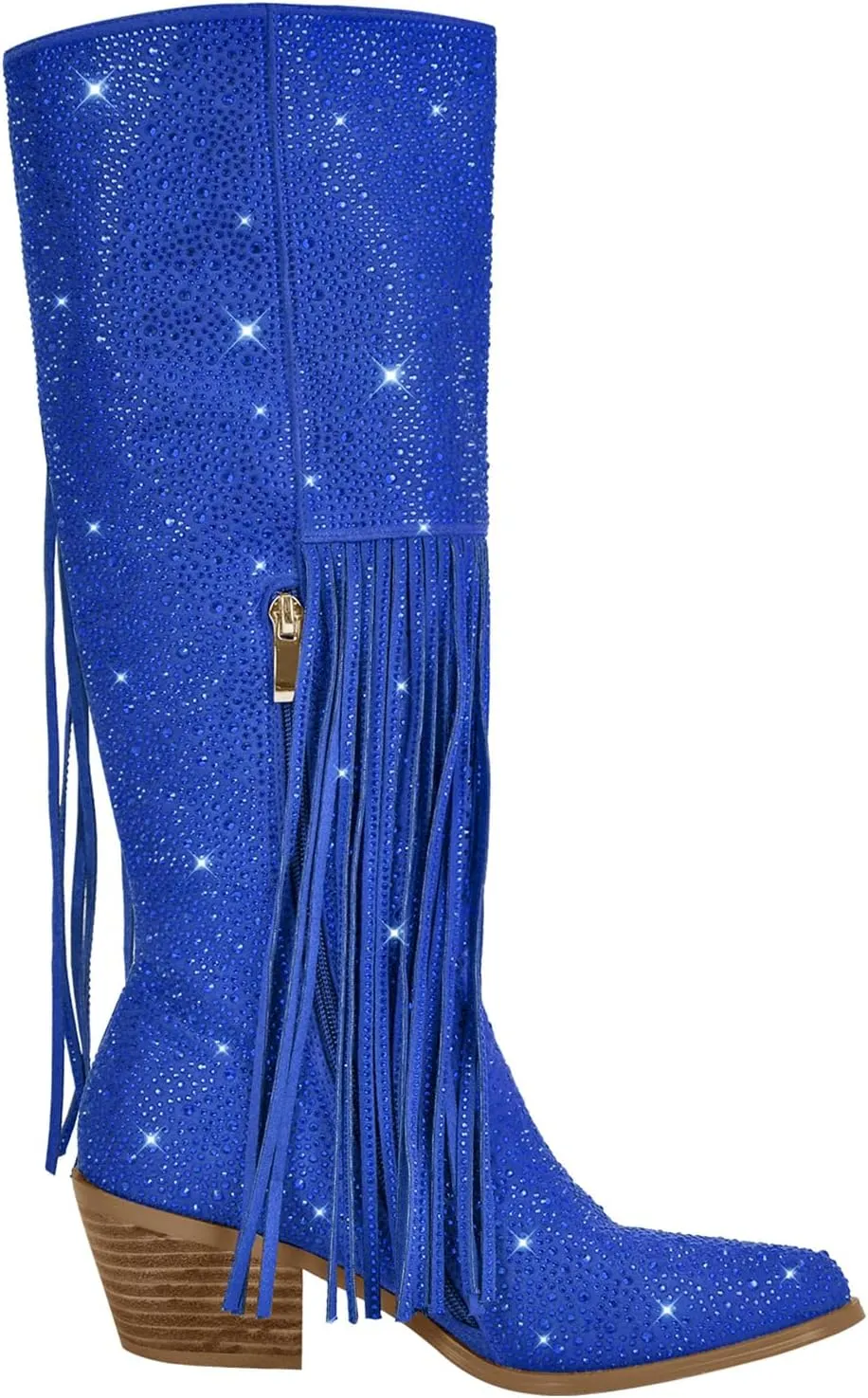 Richealnana Calf High Knee High Boots for Women Sparkle Rhinestones Clear Gems Shining Comfortable Tabs Pull-On Boots Fringe Tassel