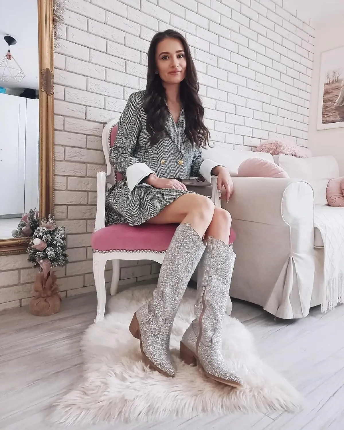 Richealnana Knee High Boots for Women Sparkle Rhinestones Clear Gems Calf High Shining Pull-On Boots