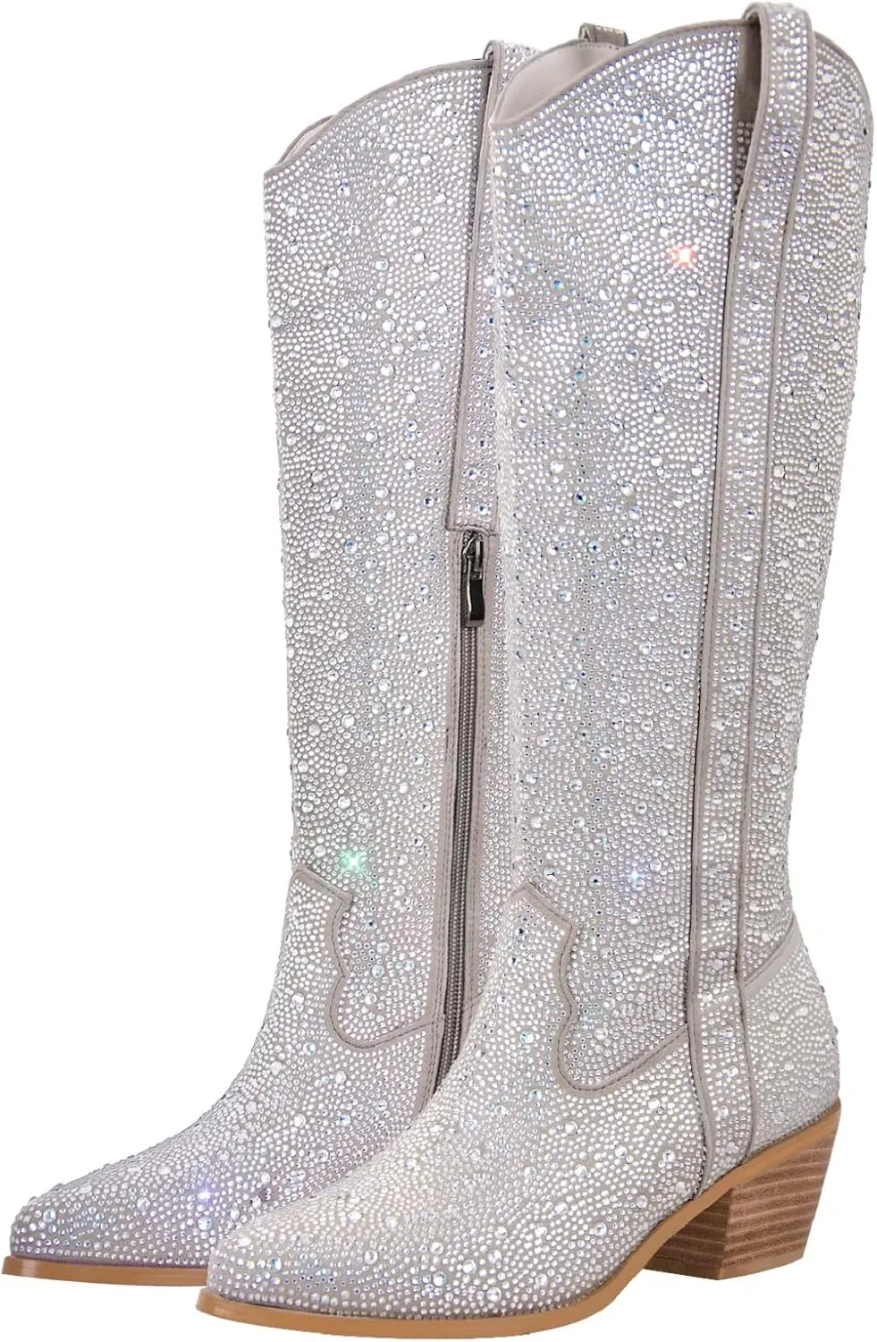 Richealnana Knee High Boots for Women Sparkle Rhinestones Clear Gems Calf High Shining Pull-On Boots