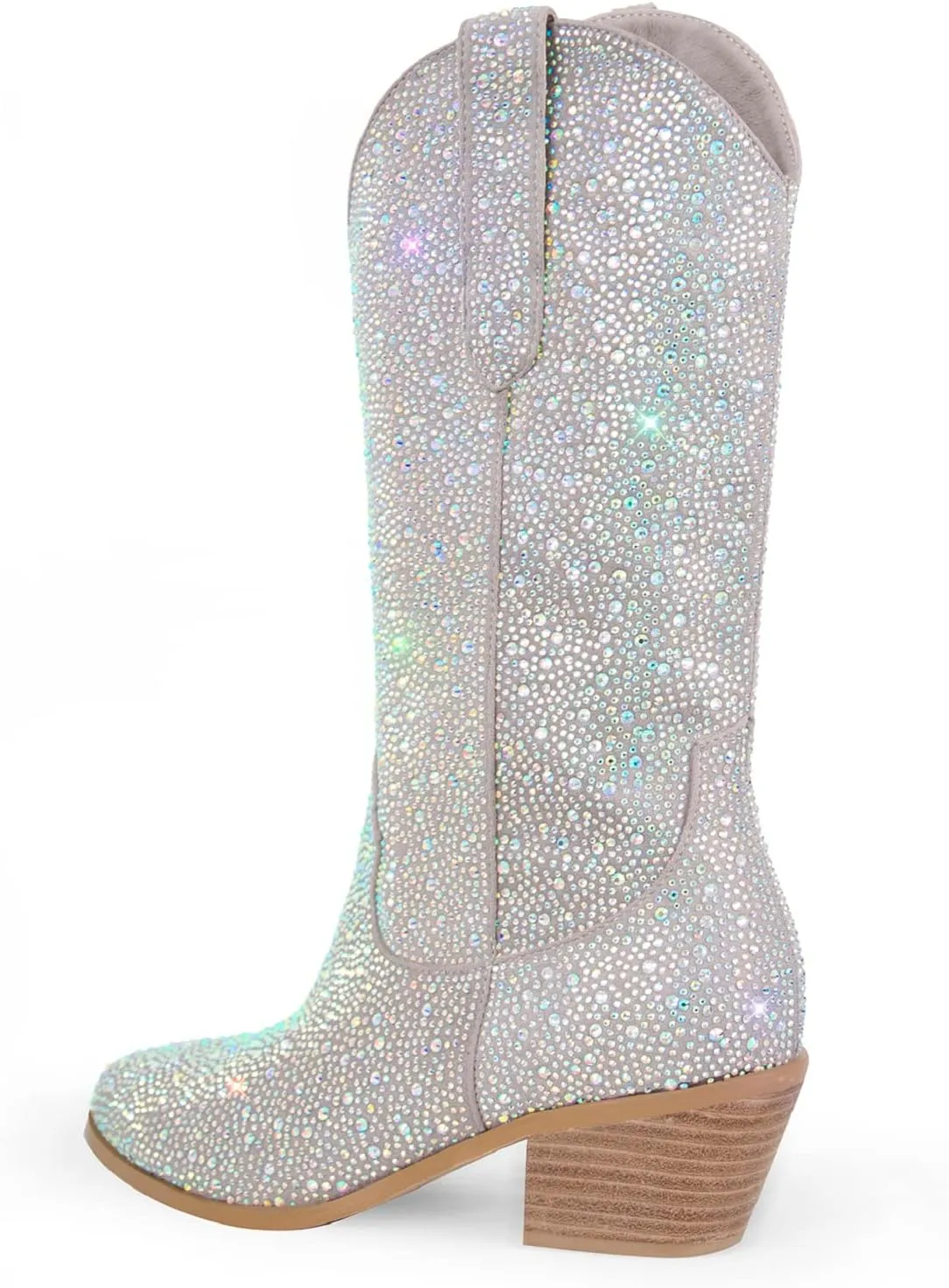 Richealnana Sparkly Rhinestones Cowboy Cowgirl Style Boots Calf High Boots for Women 2INCH Heeled Shining Pull On Tabs