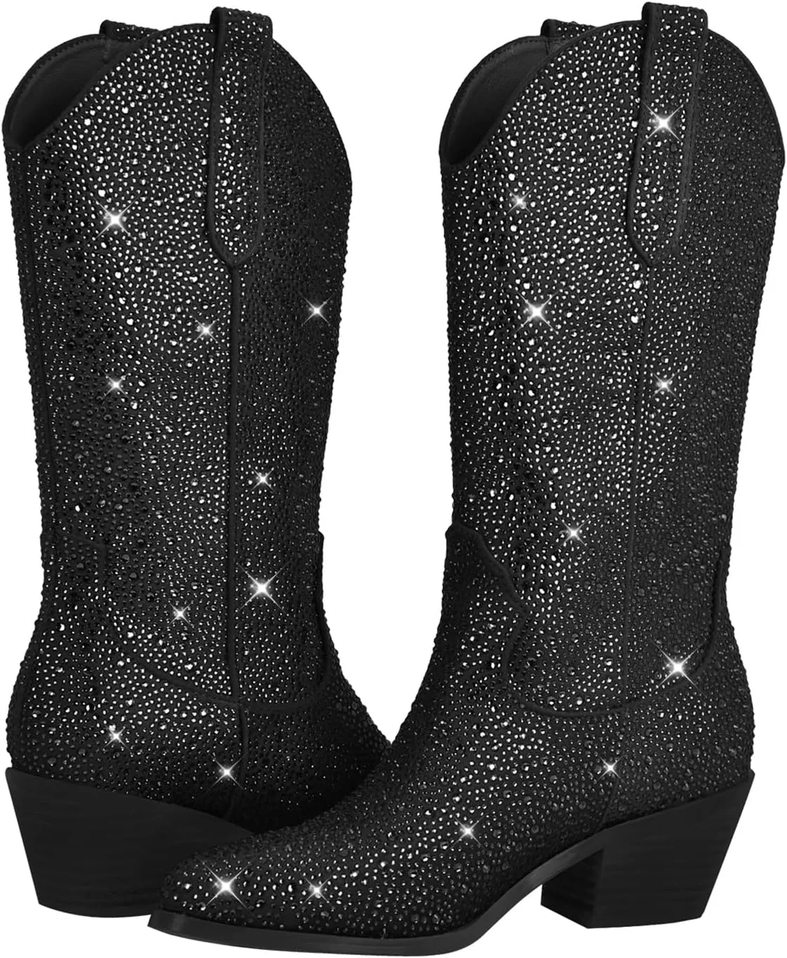 Richealnana Sparkly Rhinestones Cowboy Cowgirl Style Boots Calf High Boots for Women 2INCH Heeled Shining Pull On Tabs