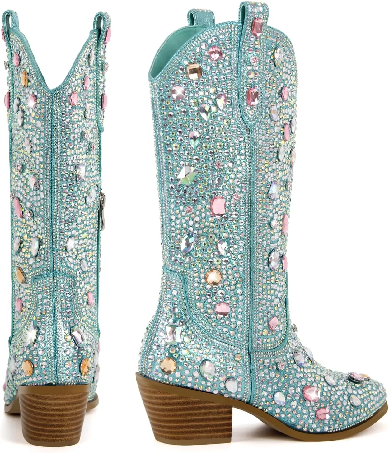Richealnana Sparkly Rhinestones Cowboy Cowgirl Style Boots Calf High Boots for Women 2INCH Heeled Shining Pull On Tabs
