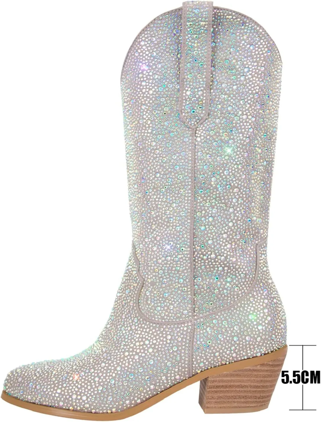 Richealnana Sparkly Rhinestones Cowboy Cowgirl Style Boots Calf High Boots for Women 2INCH Heeled Shining Pull On Tabs