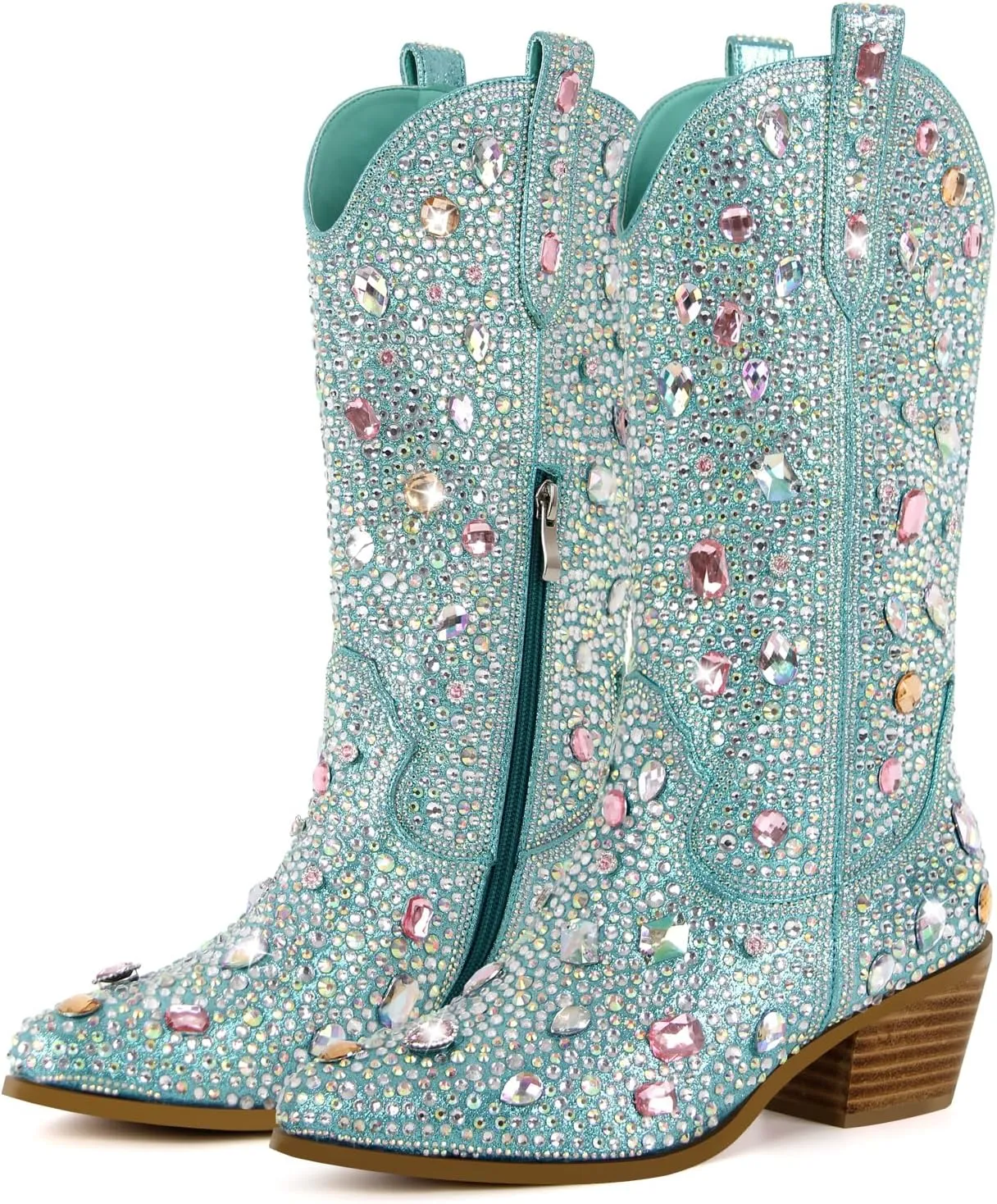 Richealnana Sparkly Rhinestones Cowboy Cowgirl Style Boots Calf High Boots for Women 2INCH Heeled Shining Pull On Tabs