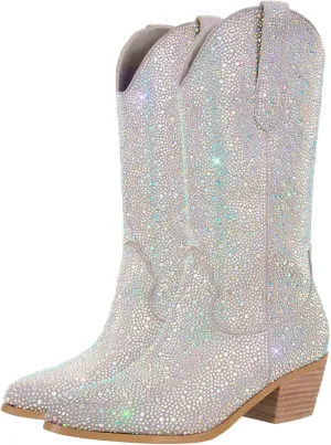 Richealnana Sparkly Rhinestones Cowboy Cowgirl Style Boots Calf High Boots for Women 2INCH Heeled Shining Pull On Tabs