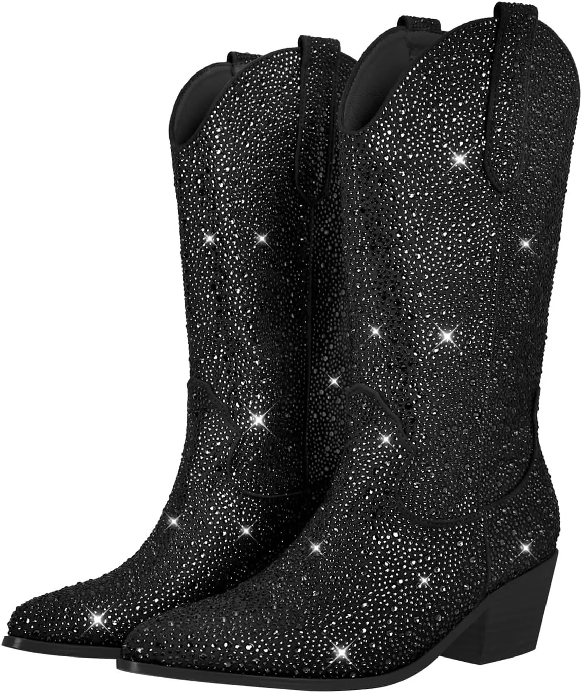 Richealnana Sparkly Rhinestones Cowboy Cowgirl Style Boots Calf High Boots for Women 2INCH Heeled Shining Pull On Tabs