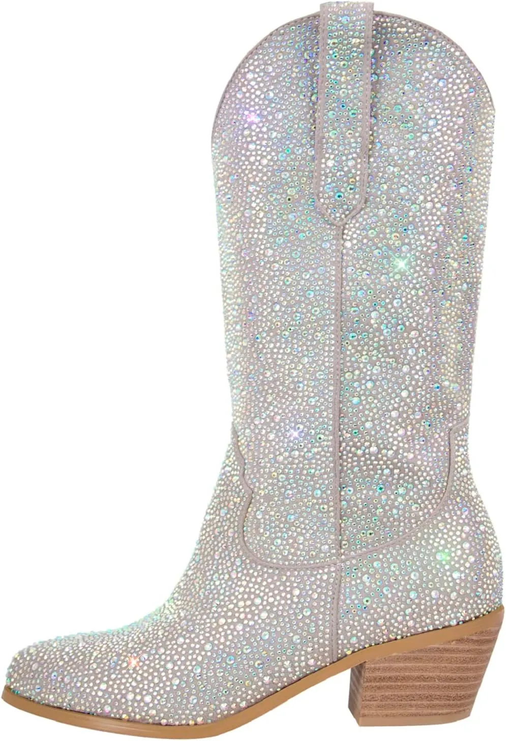 Richealnana Sparkly Rhinestones Cowboy Cowgirl Style Boots Calf High Boots for Women 2INCH Heeled Shining Pull On Tabs