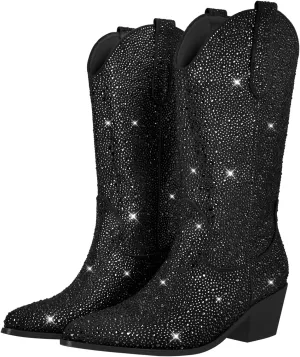 Richealnana Sparkly Rhinestones Cowboy Cowgirl Style Boots Calf High Boots for Women 2INCH Heeled Shining Pull On Tabs