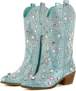 Richealnana Sparkly Rhinestones Cowboy Cowgirl Style Boots Calf High Boots for Women 2INCH Heeled Shining Pull On Tabs