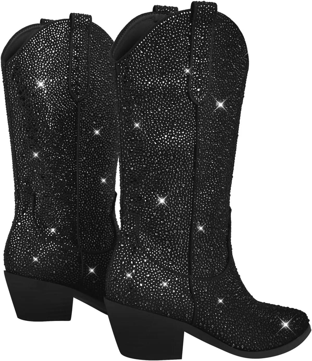 Richealnana Sparkly Rhinestones Cowboy Cowgirl Style Boots Calf High Boots for Women 2INCH Heeled Shining Pull On Tabs