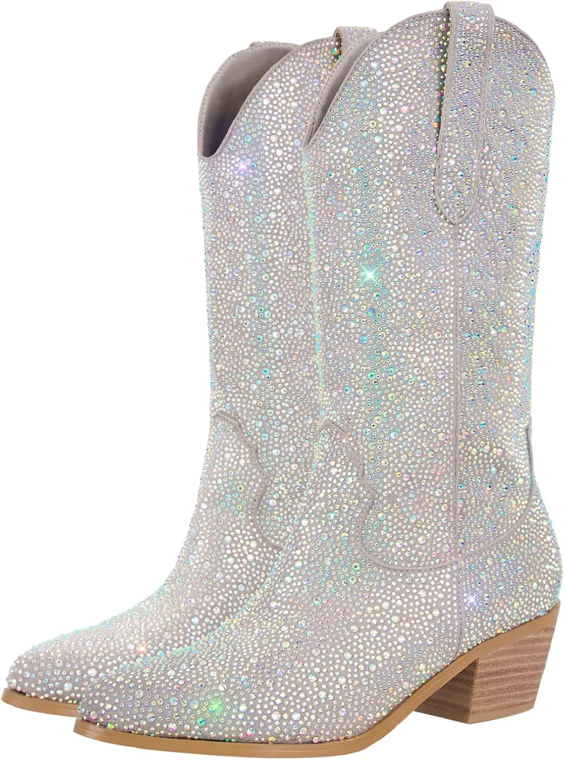 Richealnana Sparkly Rhinestones Cowboy Cowgirl Style Boots Calf High Boots for Women 2INCH Heeled Shining Pull On Tabs