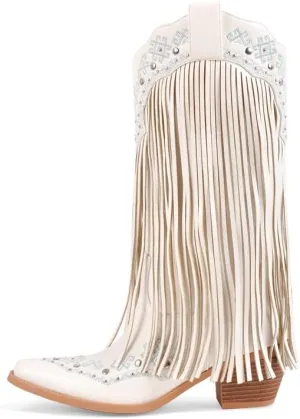 Richealnana Women's Cowgirl Cowboy Boots for Women Fringe Tassels Knee Calf High Wide Calf Embroidered Boot