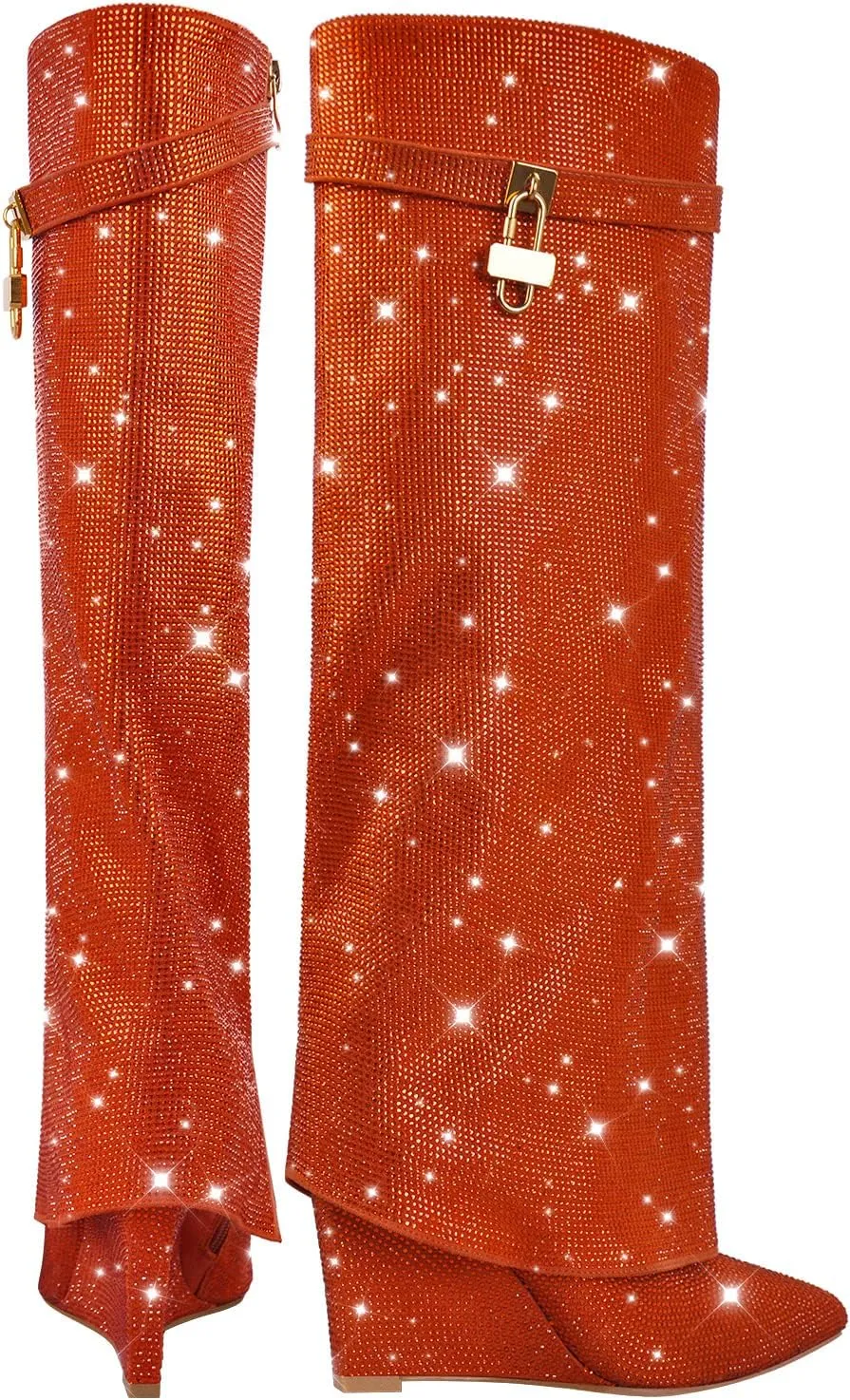 Richealnana Women's Rhinestones Pointed Toe Wedge Boots Knee High Fold Over Boots