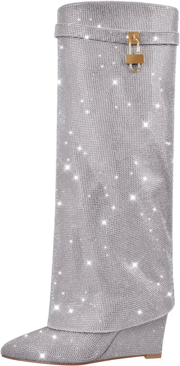 Richealnana Women's Rhinestones Pointed Toe Wedge Boots Knee High Fold Over Boots