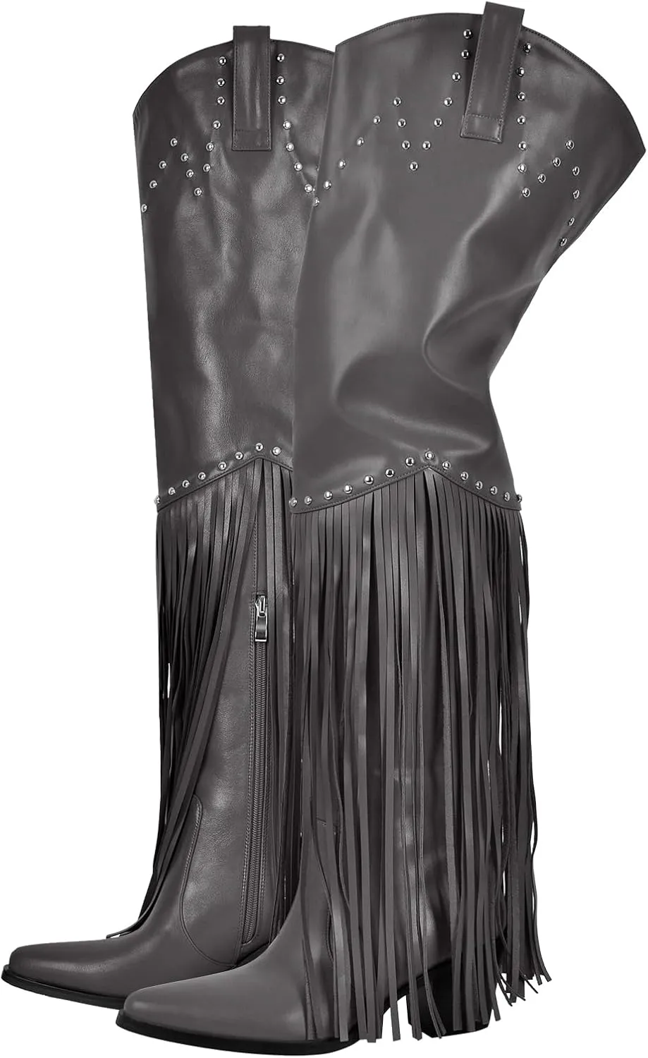 richealnini Fringe Thigh High Boots with Tassels Western Cowboy Boots Zip Up Wide Calf Sock Booties