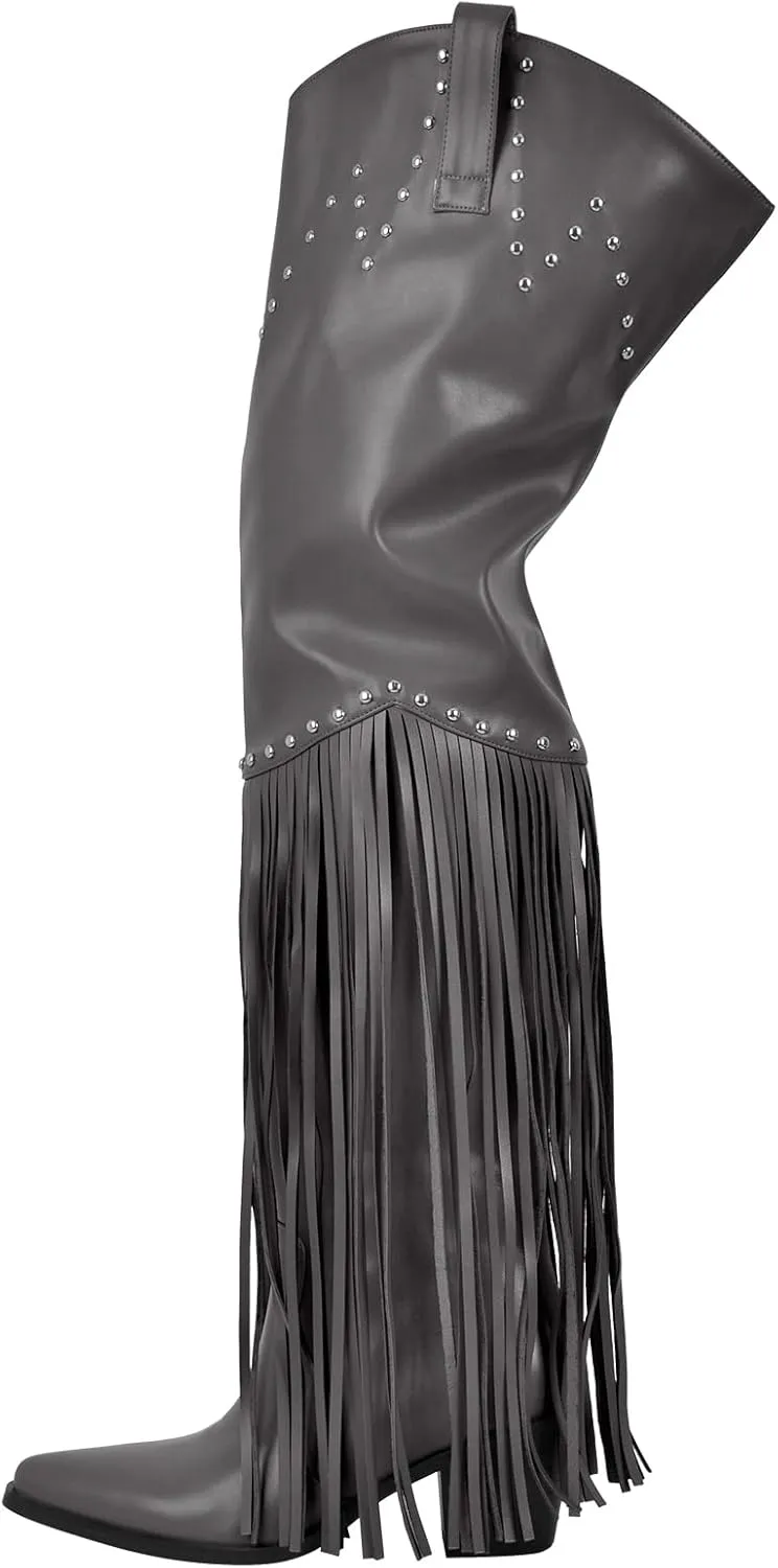 richealnini Fringe Thigh High Boots with Tassels Western Cowboy Boots Zip Up Wide Calf Sock Booties