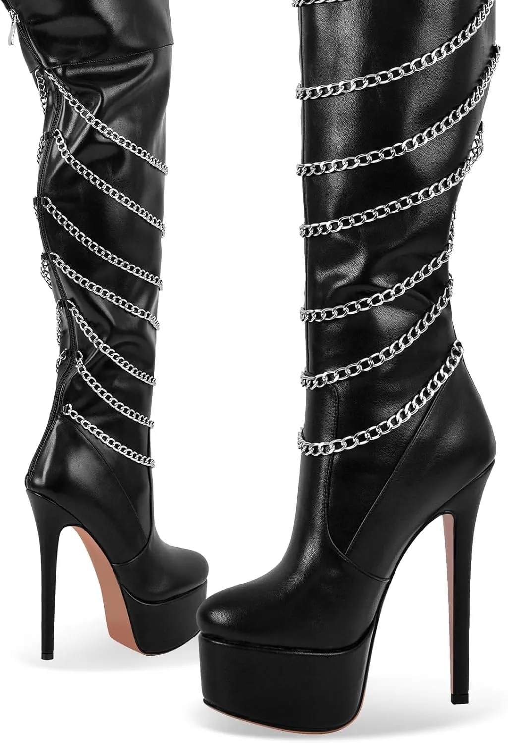 richealnini Platform Heel for Women Stiletto Over the Knee High Boots with Chains Party Wedding
