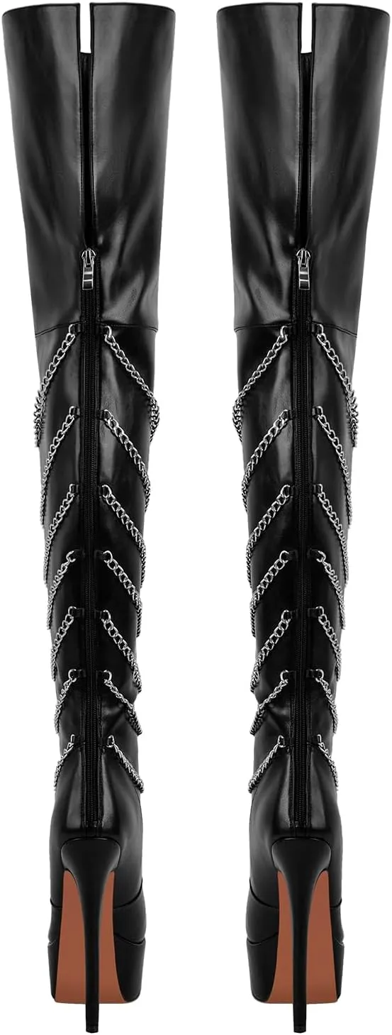 richealnini Platform Heel for Women Stiletto Over the Knee High Boots with Chains Party Wedding