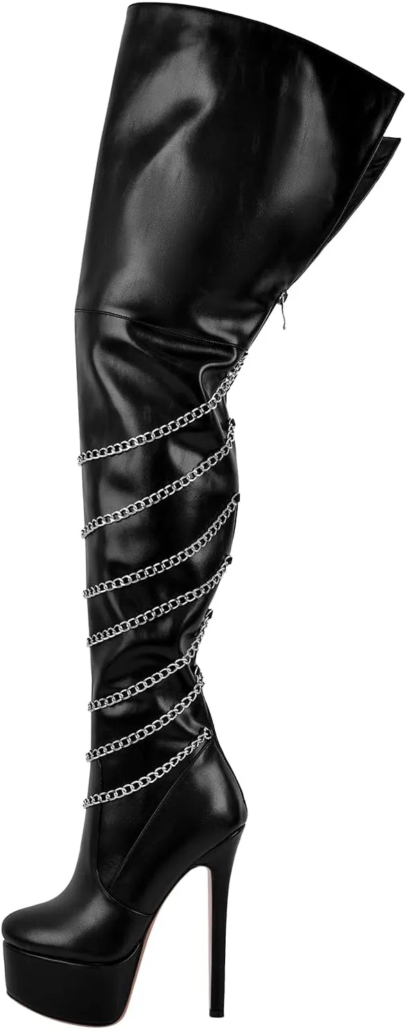 richealnini Platform Heel for Women Stiletto Over the Knee High Boots with Chains Party Wedding